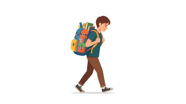 Tired student carrying heavy backpack with books and tools representing academic pressure flat vector illustration.