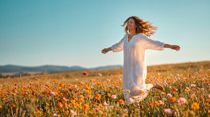 Wellness freedom lifestyle with woman in white dress dancing in wildflower meadow © Atmospheres