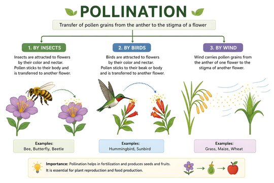Botanical Pollination Process by insects birds and wind