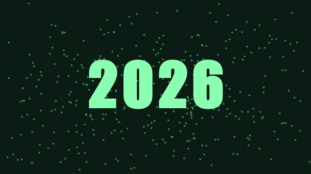 2026 new year celebration motion with green digital particles and minimalist typography animation 4k