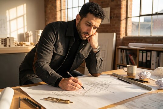 Generative AI, Male architect sketching blueprints at drafting table in warm studio