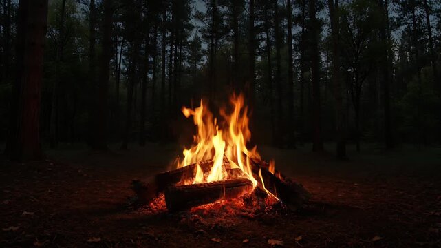 A campfire burning brightly in a dark forest clearing. The flames cast a warm glow on the logs and the surrounding ground, creating a cozy and inviting atmosphere