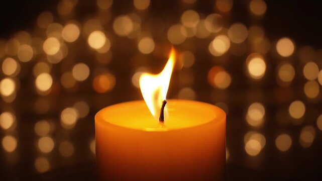 A single lit candle with a warm flame against a blurred background of bokeh lights. The scene evokes a sense of peace, reflection, and warmth
