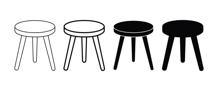 Wooden Stool Icon Set &ndash; Round Seat Furniture, Three-Leg Stool, Home Interior Decor, Minimalist Chair, Outline & Silhouette Vector Collection
