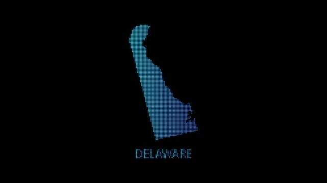 Blue Delaware US State Map Particle Formation on Dark Background, Glowing Dot Grid Assembly Light Sweep Dispersion Motion Graphics Seamless Loop, 4K