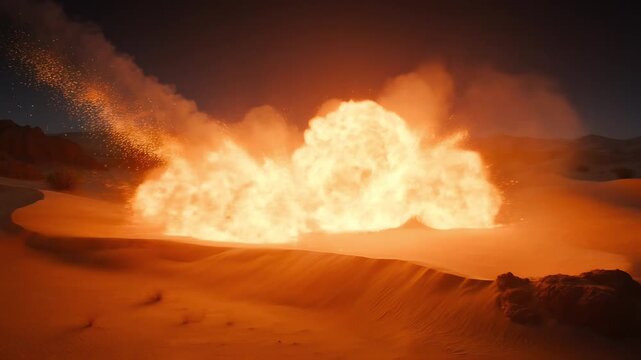A powerful explosion erupts in a desert landscape, sending fire and debris into the air under a twilight sky. The intense heat and destruction are palpable.