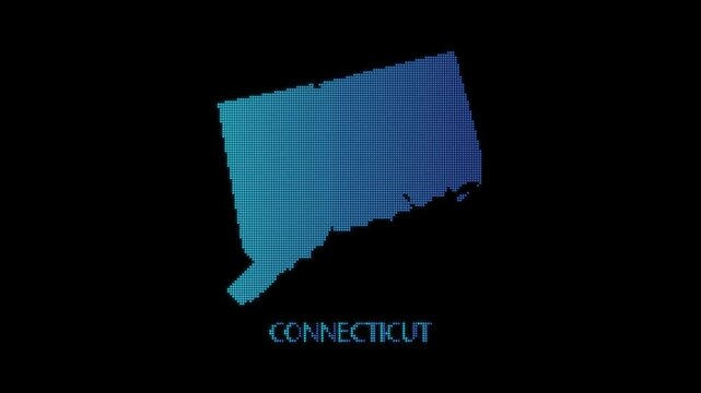 Blue Connecticut US State Map Particle Formation on Dark Background, Glowing Dot Grid Assembly Light Sweep Dispersion Motion Graphics Seamless Loop, 4K