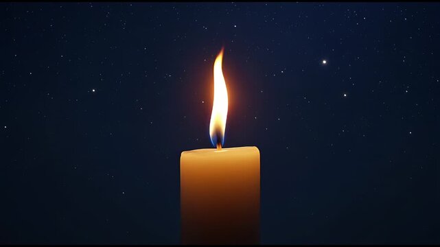 A single candle flame flickering in the darkness against a starry night sky, casting a warm glow.