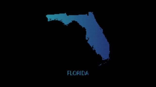 Blue Florida US State Map Particle Formation on Dark Background, Glowing Dot Grid Assembly Light Sweep Dispersion Motion Graphics Seamless Loop, 4K