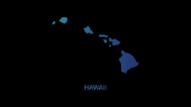 Blue Hawaii US State Map Particle Formation on Dark Background, Glowing Dot Grid Assembly Light Sweep Dispersion Motion Graphics Seamless Loop, 4K
