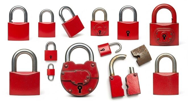 Assortment of red metal padlocks and heart-shaped locks for security and love concepts.