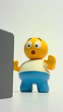 Emoji character reacting vertical view to unseen notification, raised hands anxious face for alert response, surprise message, app feedback, user reaction, notification cue, digital media