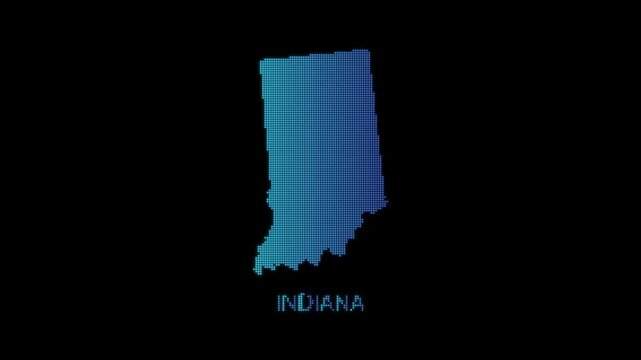 Blue Indiana US State Map Particle Formation on Dark Background, Glowing Dot Grid Assembly Light Sweep Dispersion Motion Graphics Seamless Loop, 4K