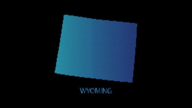 Blue Wyoming US State Map Particle Formation on Dark Background, Glowing Dot Grid Assembly Light Sweep Dispersion Motion Graphics Seamless Loop, 4K