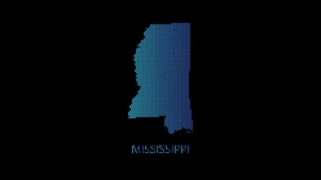 Blue Mississippi US State Map Particle Formation on Dark Background, Glowing Dot Grid Assembly Light Sweep Dispersion Motion Graphics Seamless Loop, 4K