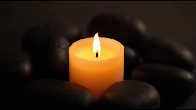 A lit candle sits amidst smooth, dark stones, creating a serene and tranquil atmosphere. The flame casts a warm glow, suggesting peace and meditation