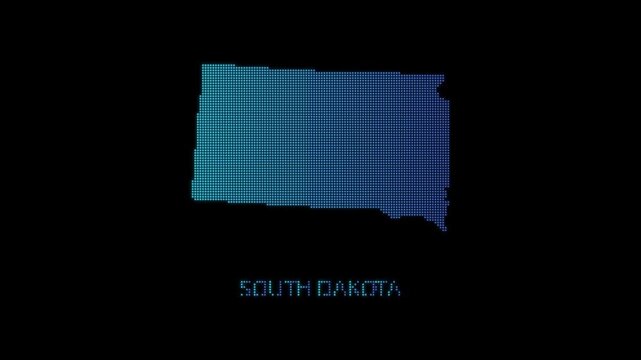 Blue South Dakota US State Map Particle Formation on Dark Background, Glowing Dot Grid Assembly Light Sweep Dispersion Motion Graphics Seamless Loop, 4K