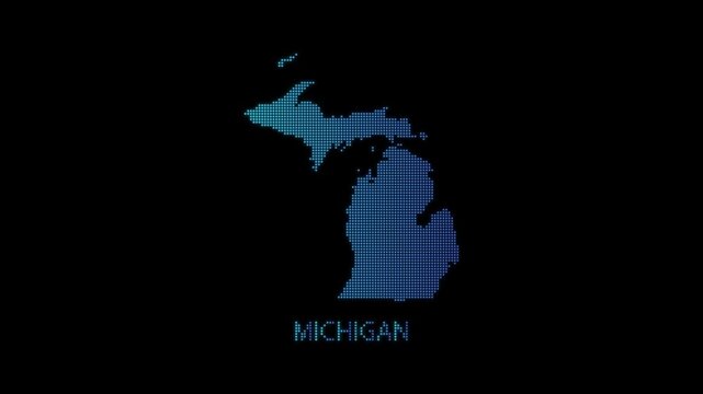 Blue Michigan US State Map Particle Formation on Dark Background, Glowing Dot Grid Assembly Light Sweep Dispersion Motion Graphics Seamless Loop, 4K