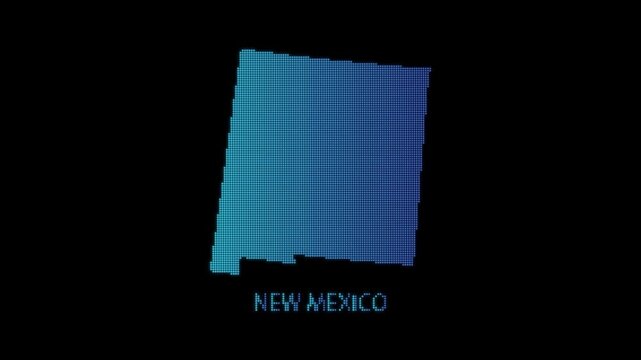 Blue New Mexico US State Map Particle Formation on Dark Background, Glowing Dot Grid Assembly Light Sweep Dispersion Motion Graphics Seamless Loop, 4K