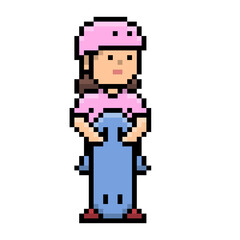 Fototapeta premium Cute skateboarder girl character wearing a pink helmet and holding a blue skate board pixel art icon