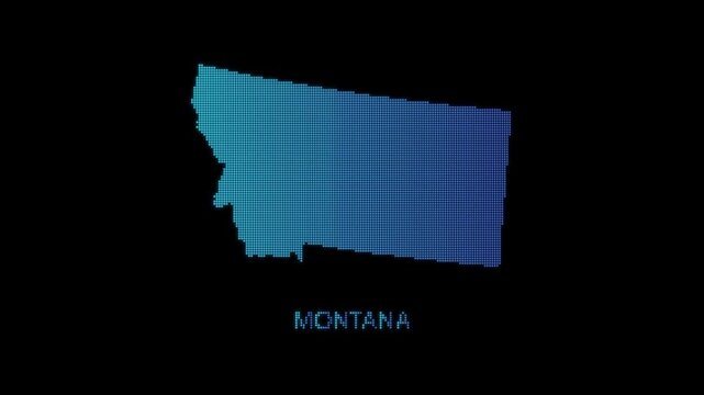 Blue Montana US State Map Particle Formation on Dark Background, Glowing Dot Grid Assembly Light Sweep Dispersion Motion Graphics Seamless Loop, 4K