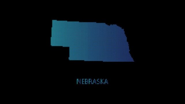 Blue Nebraska US State Map Particle Formation on Dark Background, Glowing Dot Grid Assembly Light Sweep Dispersion Motion Graphics Seamless Loop, 4K