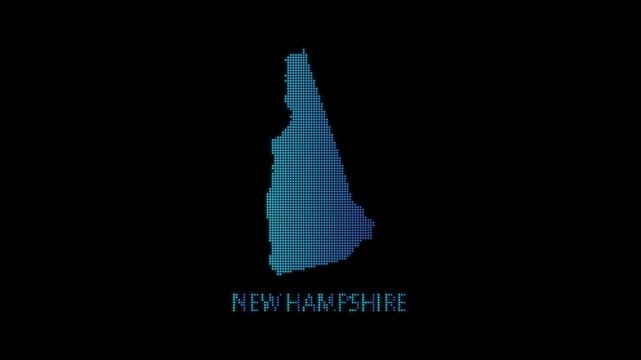Blue New Hampshire US State Map Particle Formation on Dark Background, Glowing Dot Grid Assembly Light Sweep Dispersion Motion Graphics Seamless Loop, 4K
