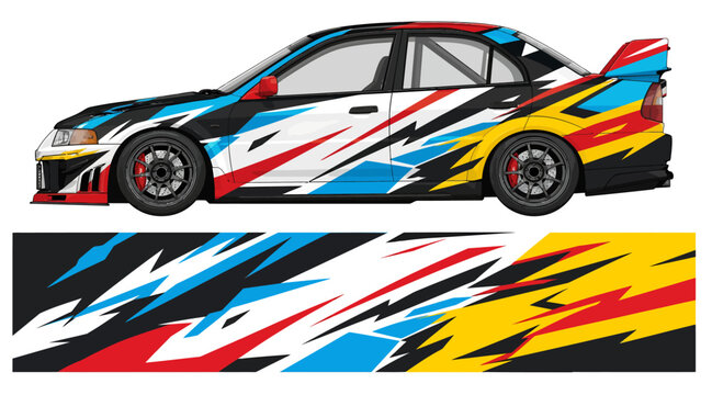 Colorful racing car with dynamic abstract paint design.