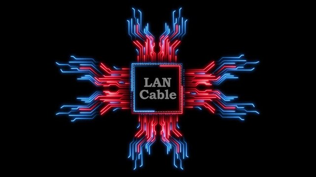 Digital circuit board with glowing neon lan cable text for technology concept.