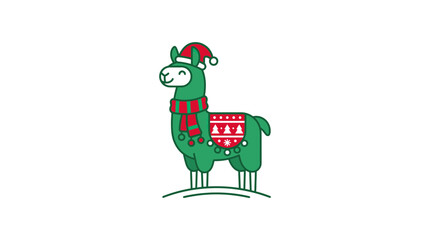 Cute Green Llama Wearing Christmas Hat and Scarf, Festive Winter Holiday Illustration © bagas