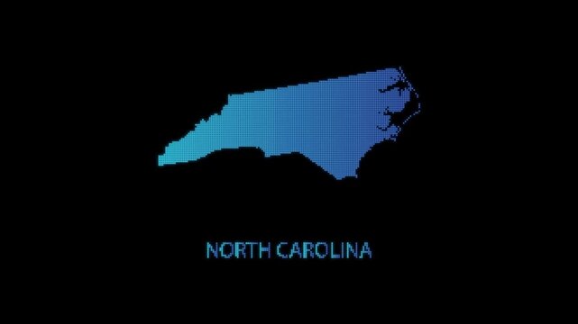 Blue North Carolina US State Map Particle Formation on Dark Background, Glowing Dot Grid Assembly Light Sweep Dispersion Motion Graphics Seamless Loop, 4K