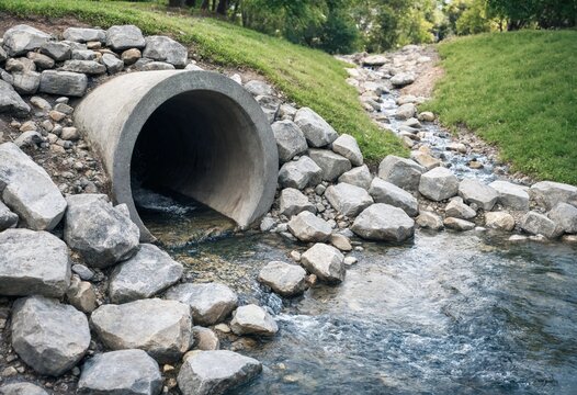 Concrete culvert drainage system carrying flowing stormwater through riprap rocks, showcasing civil engineering infrastructure, erosion control, flood management, environmental protection, and water.