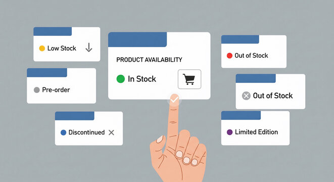 Finger touching 'In Stock' button amidst other product availability statuses, representing e-commerce choices, perfect for online shopping, retail analytics and inventory management