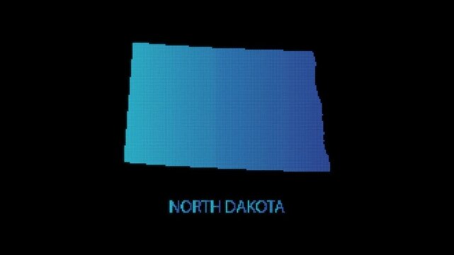 Blue North Dakota US State Map Particle Formation on Dark Background, Glowing Dot Grid Assembly Light Sweep Dispersion Motion Graphics Seamless Loop, 4K
