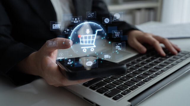 Concept of e-commerce and online shopping technology. A digital marketplace with a customer shopping cart, payment options, and worldwide delivery for a complete retail experience. Fermion