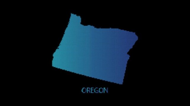 Blue Oregon US State Map Particle Formation on Dark Background, Glowing Dot Grid Assembly Light Sweep Dispersion Motion Graphics Seamless Loop, 4K