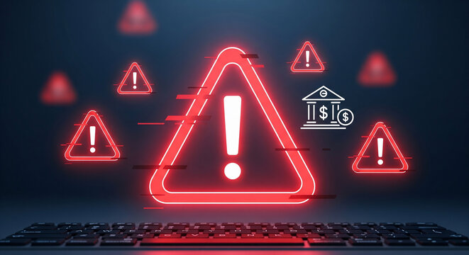 Glowing red warning signs with glitches around a bank icon, representing financial alerts, ideal for cybersecurity, financial risk and digital security concepts