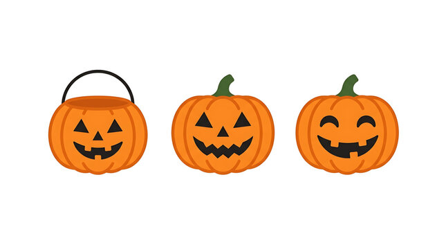 Three stylized jack o lantern pumpkin designs featuring a trick or treat bucket and two festive carved faces isolated on a clean white background