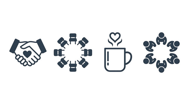 Set of minimalist icons featuring handshake with heart and meeting symbols for community connection and collaborative teamwork concepts with coffee mug heart steam