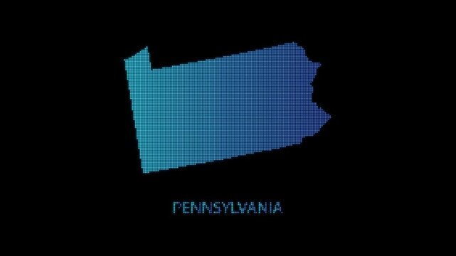 Blue Pennsylvania US State Map Particle Formation on Dark Background, Glowing Dot Grid Assembly Light Sweep Dispersion Motion Graphics Seamless Loop, 4K