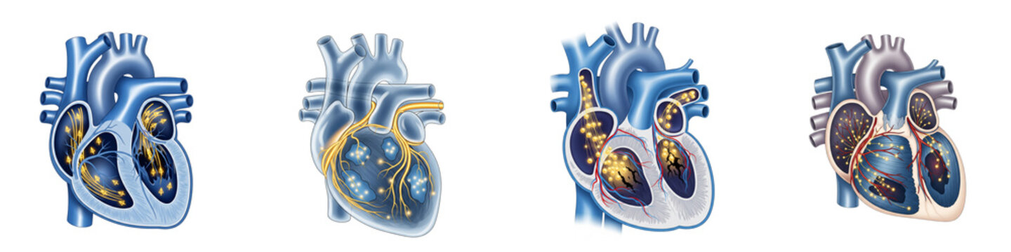 Human heart anatomy illustration showing electrical conduction system stages