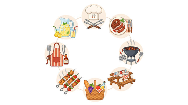 Circular arrangement of barbecue and picnic themed icons featuring grilling tools food and outdoor dining elements on a clean minimalist background