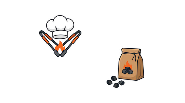 Graphic illustration featuring a chef hat with metal tongs held over flames alongside a paper bag of charcoal briquettes for outdoor cooking activities