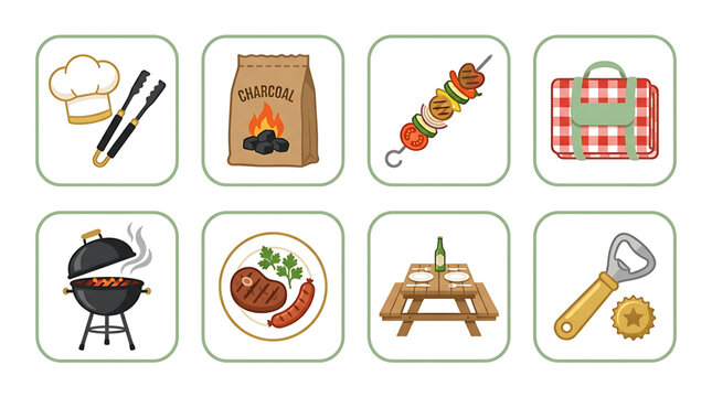 Set of eight colorful flat vector icons representing outdoor summer cooking barbecue equipment and picnic items for culinary design with outdoor dining elements rendered clean