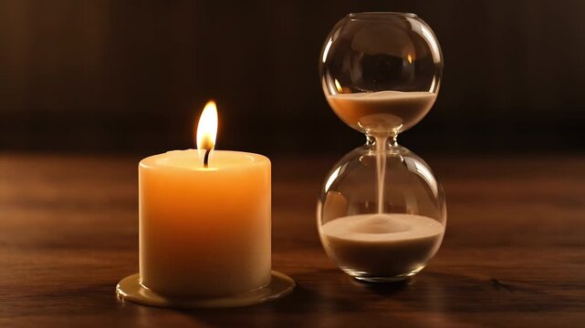 A lit candle casts a warm glow next to an hourglass on a wooden surface, symbolizing the passage of time and the fleeting nature of moments