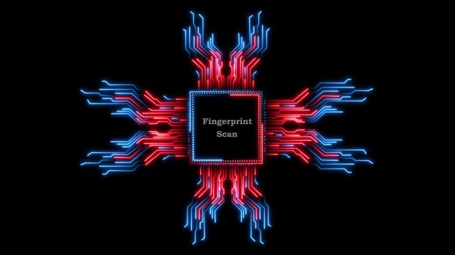 Digital fingerprint scan biometric verification animation on black tech background.