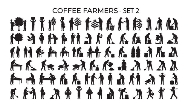 Coffee Farmers Silhouettes Set 2 &ndash; Plantation Workers Harvesting and Processing Beans Collection