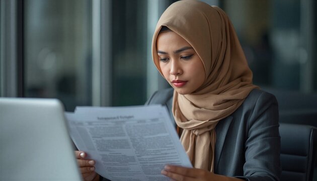 Muslim businesswoman in hijab reviewing documents while working at laptop