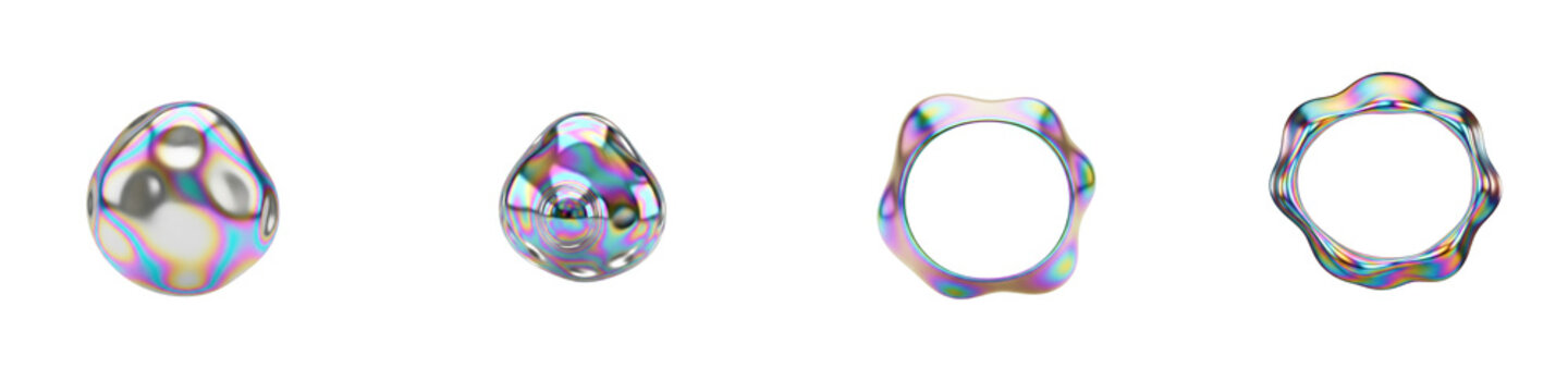 Iridescent liquid metal shapes isolated on black background for design