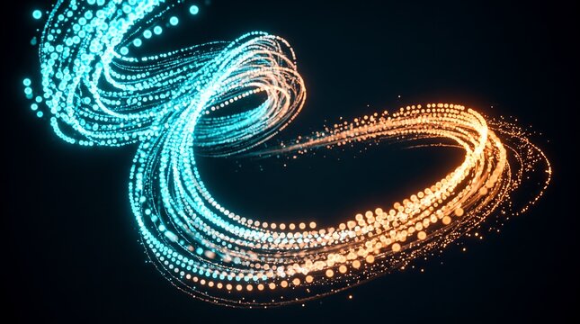 A hypnotic abstract swirling loop of glowing blue and orange particles creating an endless digital flow.